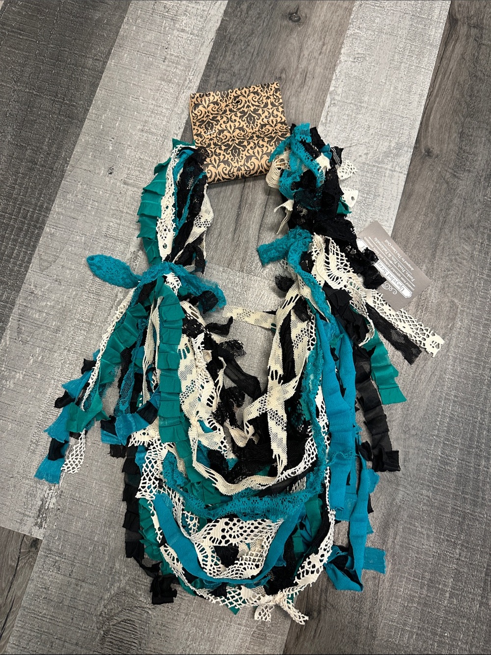 Boho Fringe Scarf in Teal, Black & Cream
